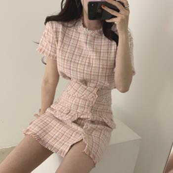 韓國chic夏季小香風撞色格紋短袖襯衫+高腰顯瘦包臀半身裙套裝女