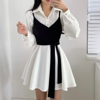 韓國chic秋季系帶收腰短款外穿吊帶+純色高腰A字襯衫連衣裙兩件套