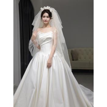 緞面輕婚紗新娘2024新款主紗高階感抹胸簡約小個子法式出門紗2025