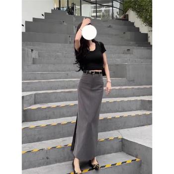設計感小眾高腰灰色西裝開叉半身裙女夏季包臀側邊開叉長裙兩件套