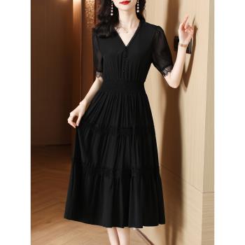 黑色雪紡連衣裙夏季女裝2023年新款高貴氣質洋氣時尚高端長款裙子