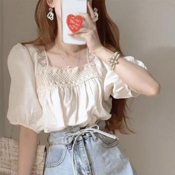 韓國chic夏季設計感小眾蕾絲邊方領白色燈籠袖襯衫薄款短袖娃娃衫