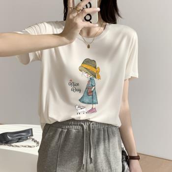 夏季時髦氣質上衣2024新款正肩垂感冰絲短袖t恤女設計感時尚印花