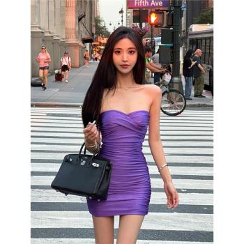小個子紫色抹胸連衣裙女超顯身材氣質辣妹性感修身顯瘦緊身包臀裙