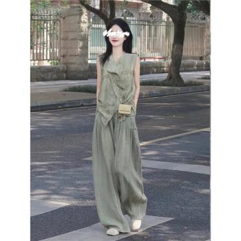 新中式清冷感休閑時尚上衣夏季改良冷淡系高級感闊腿褲兩件套裝女