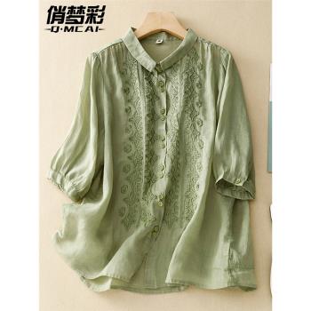 2025春裝新款七分袖繡花亞麻襯衫女士媽媽遮肚顯瘦高階棉麻上衣薄