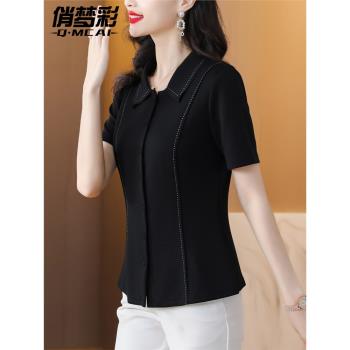韓版女裝2023新款夏裝黑色襯衫女時尚洋氣Polo領上衣收腰氣質小衫