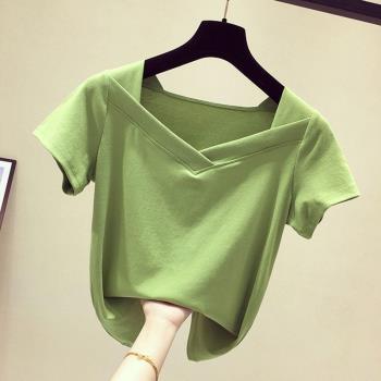 牛油果綠色T恤女夏設計感小眾百搭洋氣純棉小個子草綠色短袖上衣