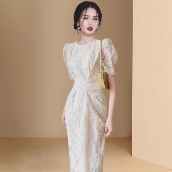 時尚高階感2023年新款夏季女裝法式設計工蕾絲小禮服泡泡袖連衣裙