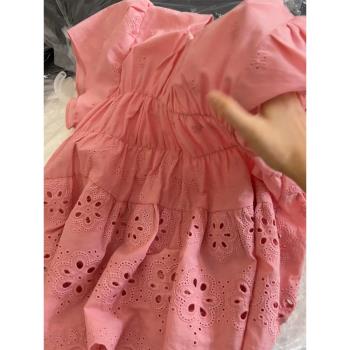 法式方領鏤空洋氣短袖襯衫女2023夏季韓版別致減齡粉色娃娃衫上衣