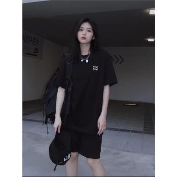 夏季黑色休閑運動服套裝女短袖短褲學生韓版寬松時尚簡約風兩件套