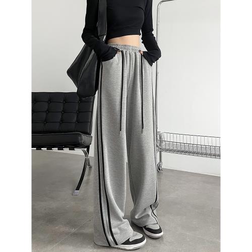 灰色運動闊腿褲女春秋2025新款高腰垂感休閑褲子抽繩拖地直筒衛褲