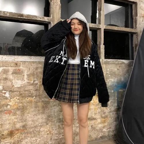 港風復古加厚假兩件連帽棉服外套女學生冬季韓版百搭bf面包服棉衣