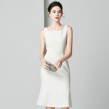 2023夏季女韓版修身顯瘦中長款白色禮服宴會超仙通勤OL包臀連衣裙