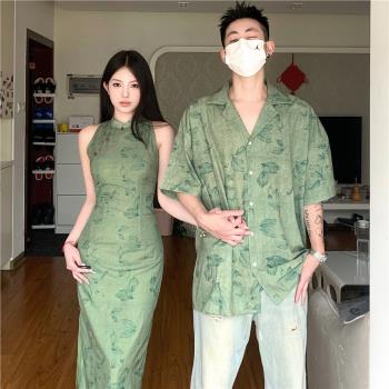 情侶裝夏裝小眾設計復古短袖襯衫綠色改良版新中式國風旗袍連衣裙