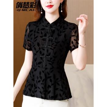 新中式古典旗袍襯衫女裝夏季高級感黑色盤扣上衣中年媽媽國風小衫