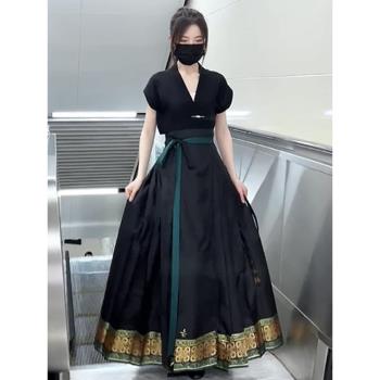 新中式國風女裝宋制黑色馬面裙夏季小個子顯瘦日常改良漢服兩件套