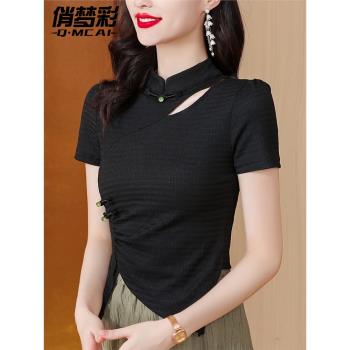 新中式女裝改良旗袍不規則上衣女夏季短款短袖t恤設計感鏤空小衫
