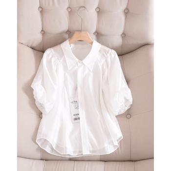 白色襯衫女短袖夏季薄款2023年新款時尚設計感小眾襯衣泡泡袖上衣