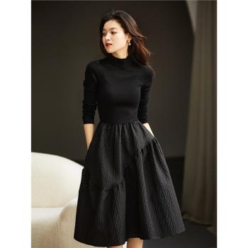 今年流行的女裝法式赫本風肌理料拼針織長袖小黑裙顯瘦蓬蓬連衣裙