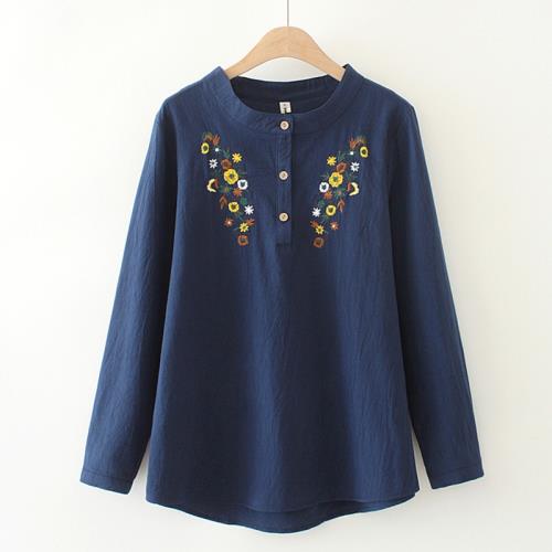 媽媽裝秋裝中老年女裝大碼胖媽媽民族風長袖t恤棉麻襯衫女夏上衣