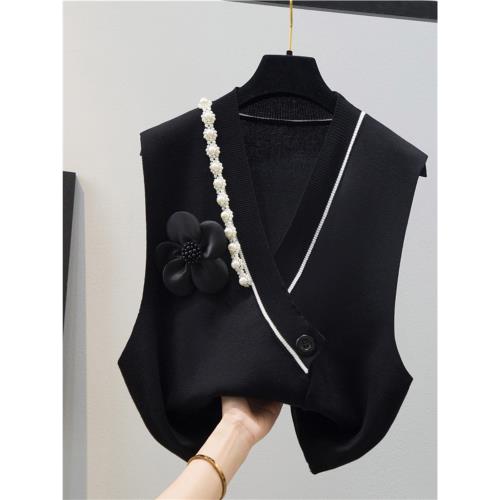 自留爆款推薦~外貿春秋新款珍珠花朵針織背心馬甲女V領疊穿毛衣潮