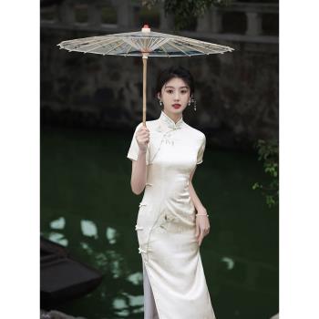 改良旗袍2023女夏季年輕款日常連衣裙子新中式高階氣質白色女高貴