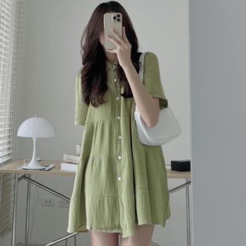 韓國chic夏季法式小眾中長款單排扣襯衫裙小個子寬松A字連衣裙女
