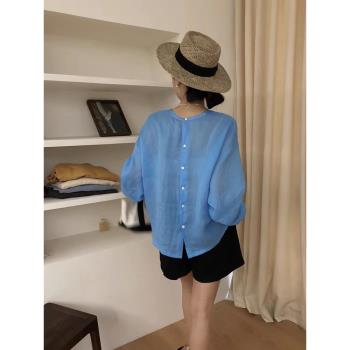韓版新款藍色長袖防曬亞麻襯衫開衫上衣女夏季洋氣減齡棉麻襯衣薄