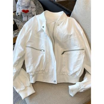 白色女士夾克飛行外套立領棒球服春秋季短款韓國2023拉鏈黑色上衣