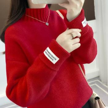 雪尼爾紅色時尚洋氣半高領毛衣