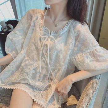 2025年新款法式高階感小香風短袖娃娃衫白色蕾絲襯衫上衣女夏季