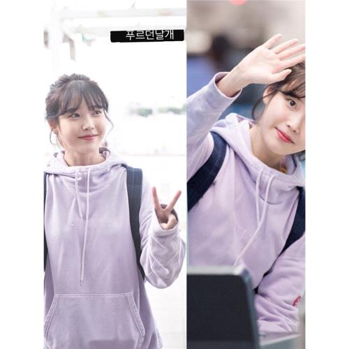 IU李知恩明星同款紫色上衣連帽寬松字母刺繡長袖加絨加厚衛衣女