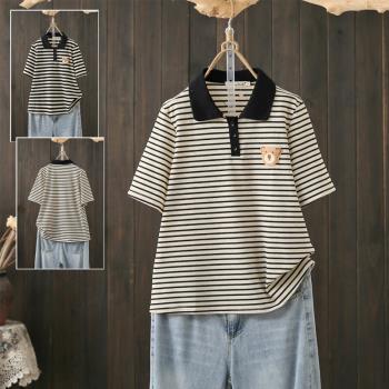 夏季大碼200斤ins韓版Polo領條紋短袖t恤設計感小眾刺繡減齡上衣
