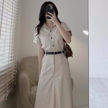 韓國chic復古氣質翻領純色短袖襯衫+高腰顯瘦半身裙長裙兩件套女