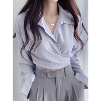 韓國chic春秋減齡復古設計感小眾氣質綁帶收腰顯瘦單排扣短款襯衫