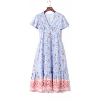 2023夏季女裝時尚韓版清新印花氣質V領套頭飛飛袖高腰顯瘦連衣裙