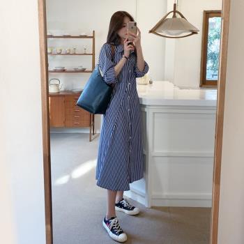 藍白條紋連衣裙女中長款2022春秋新款韓版系帶顯瘦不規則襯衫裙潮