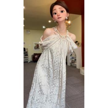 法式掛脖提花連衣裙子女名媛氣質高階輕奢宴會生日party小禮服夏