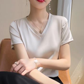 桑蠶絲緞面女純色V領夏季t恤寬松短袖真絲內搭打底西裝上衣半袖