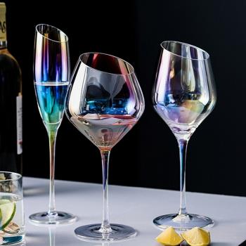歐式幻彩水晶玻璃高腳杯彩虹杯香檳杯離子鍍紅酒杯斜口葡萄酒杯子
