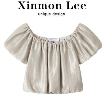 XinmonLee法式鎖骨一字肩襯衫夏季女泡泡袖短款上衣輕熟法式小眾