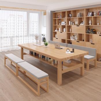 北歐雙層實木大板桌子學生學習桌書畫桌書法桌客廳餐桌書桌一體