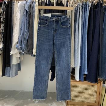 韓國東大門2023秋季新款深藍色氣質顯瘦女洗水設計直筒修身牛仔褲
