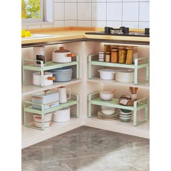 櫥柜內分層架廚房收納隔板支架多功能放碗碟臺面桌面可伸縮置物架