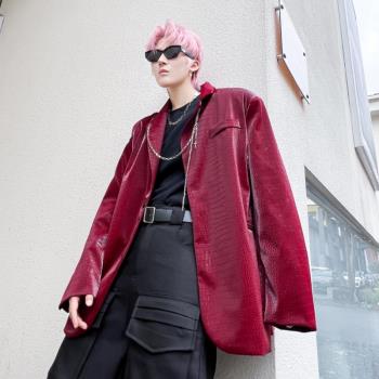 韓國小眾設計感pu皮衣紅色西裝外套男高級感潮牌廓形墊肩機車西服