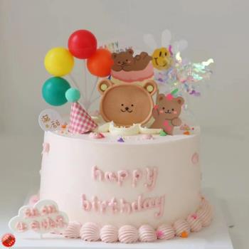 周歲寶寶可愛熊生日蛋糕裝飾擺件塑料氣球雨絲兒童太陽花烘焙配件
