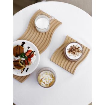 創意水波紋咖啡托盤 北歐櫸木砧板 木制面包盤 ins風美食拍照道具