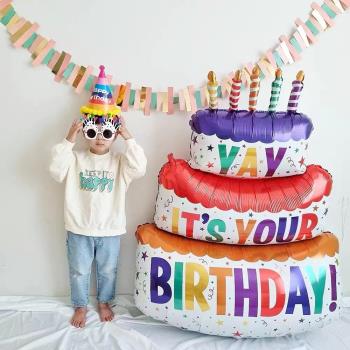 韓國ins風彩色蠟燭三層蛋糕鋁膜氣球卡通兒童一周歲生日派對裝飾