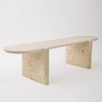 侘寂風洞石茶幾現代簡約橢圓方形茶臺設計師創意實木樣板房咖啡桌